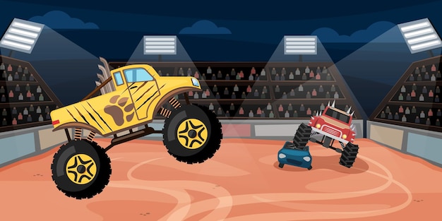 Monstertrucks extreme fahrer in großen rad-lkw-sportwagen vektor-cartoon-hintergrund