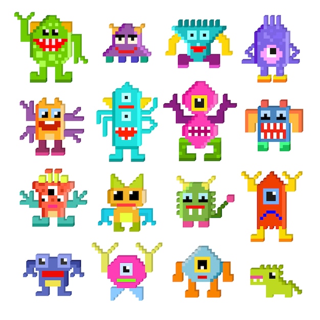 Monströser Charakter des monströsen Vektorkarikaturpixels des Monstrositäts- und Entfremdungsillustrationsmonströser Satz des netten entfremdeten Elfgeschöpfs auf Halloween für die Kinder lokalisiert.