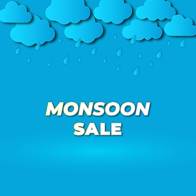 Monsun Sale Banner Template Design mit Wolken und Regenschirm auf blauem Hintergrund am bewölkten Himmel