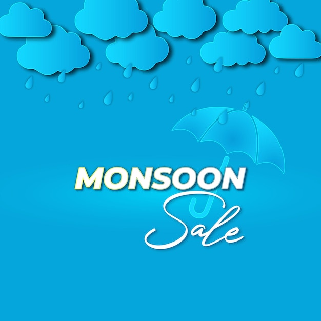 Monsun Sale Banner Template Design mit Wolken und Regenschirm auf blauem Hintergrund am bewölkten Himmel