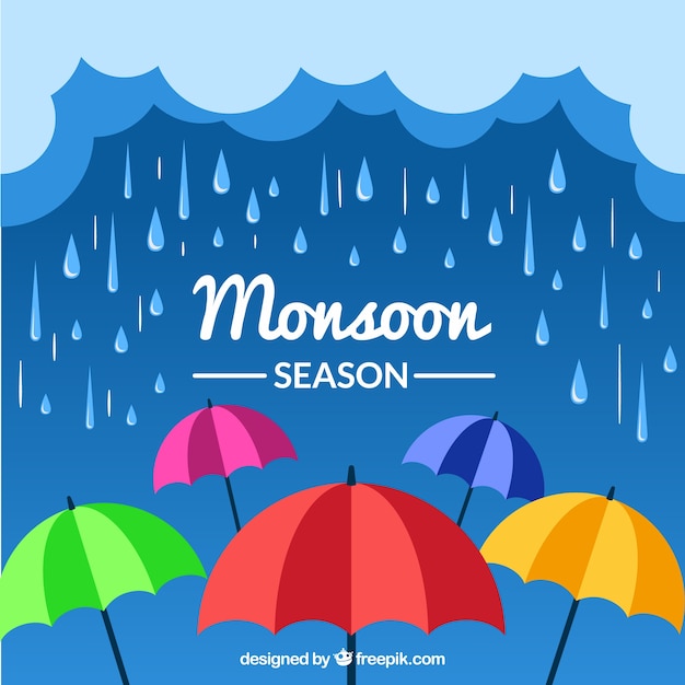 Monsunjahreszeithintergrund mit Regenschirmen