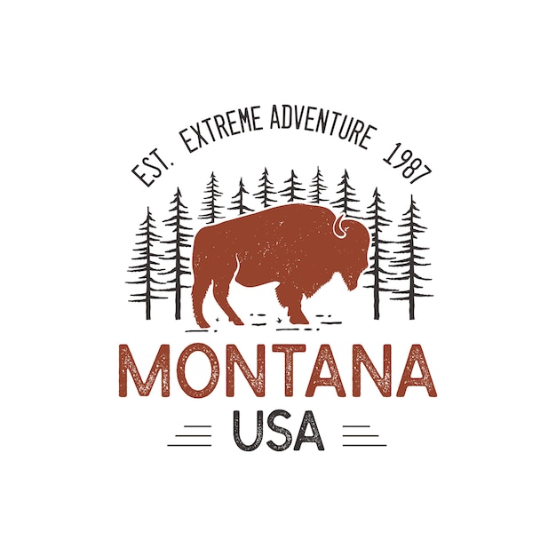 Vektor montana usa logo vorlage, retro nationalpark abenteuer emblem mit bison büffel und baumkopf.