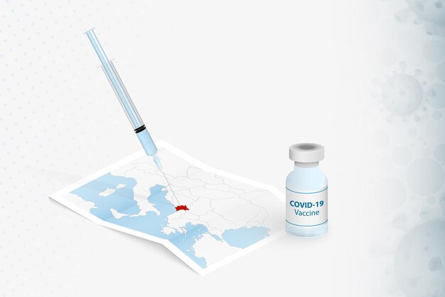 Montenegro-impfung, injektion mit covid-19-impfstoff in der karte von montenegro.