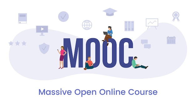 Mooc Massives offenes Online-Kurskonzept mit großem Wort oder Text und Teammitgliedern mit modernem flachen Stilvektor