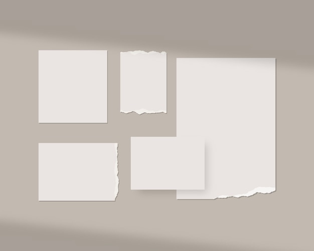 Moodboard-Vorlage. Leere weiße Blätter an der Wand mit Schattenauflage. isoliert. Vorlagenentwurf. Realistisch