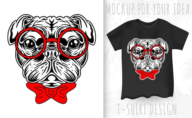 Mops hund gesicht retro-stil. designidee für t-shirt-print im vintage-stil.