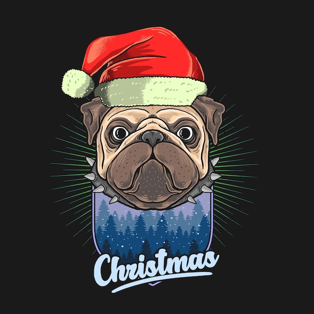 Mops kopf mit weihnachtshut illustration grafik