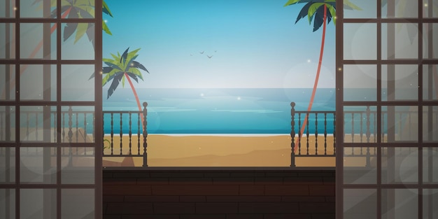 Morgen strandlandschaft in der nähe des hauses meerblick von der veranda der villa cartoon-stil vektor-illustration
