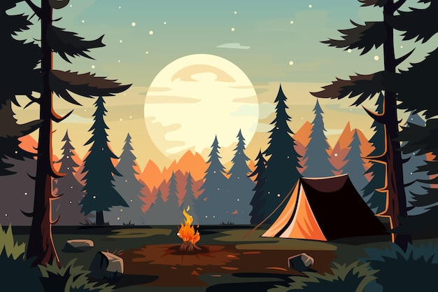 Vektor morgendlicher camping-hintergrund. es gibt ein zelt im wald und ein feuer brennt. vektorillustration im cartoon-stil