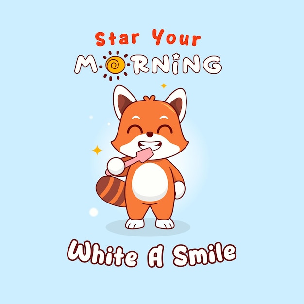 Vektor morgenroutine red fox cartoon zähne putzen mit start your morning mit einem lächeln