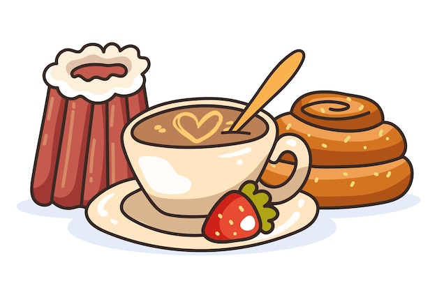 Vektor morgens süßes frühstück mit kaffee-tee-snack-sandwich-bäckerei-konzept-cartoon-grafikdesign