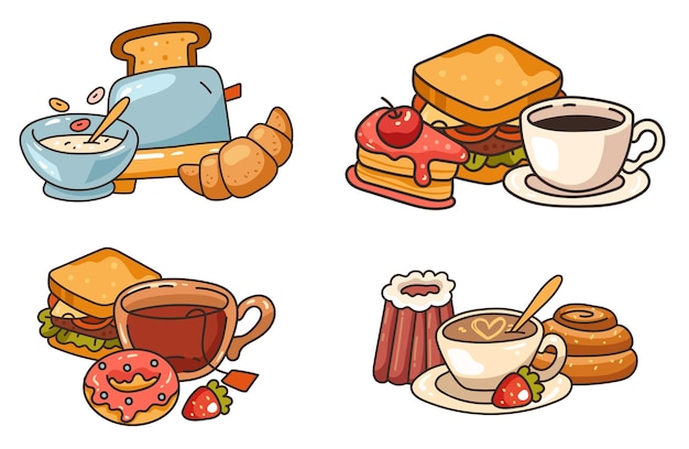 Vektor morgens süßes frühstück mit kaffee-tee-snack-sandwich-bäckerei-konzept-cartoon-grafikdesign