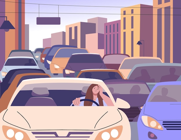 Morgenverkehrsstau in der Stadt und schläfrige Fahrerin Frau fährt Auto langsam im städtischen Autofluss Müde kicky Mädchen und moderne Stadtprobleme Vektorkonzept des Stadtverkehrs Morgenillustration