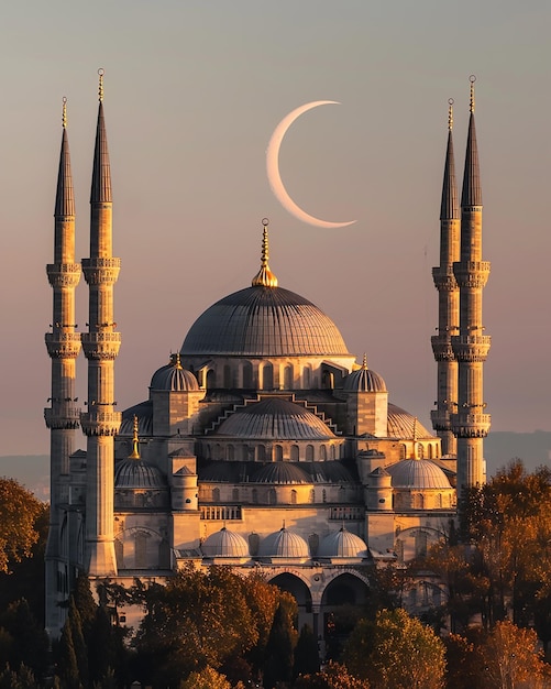 Moschee am nachthimmel mit vollmond