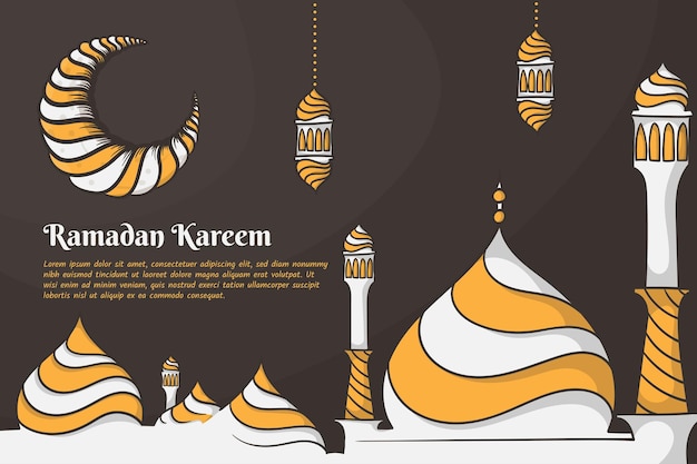 Moschee und halbmond im handgezeichneten cartoon-design für ramadan kareem-vorlage