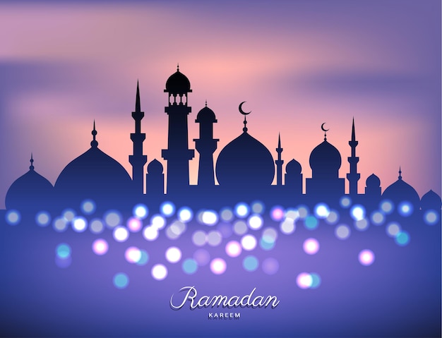 Vektor moscheensilhouette im sonnenuntergangshimmel und kerzenlicht für den ramadan des islam