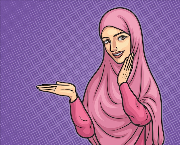 Moslemische Frau im Hijab, das Hand zeigt