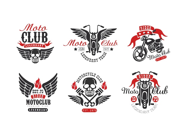 Motoclub legendäres Team Retro-Abzeichen-Set Biker-Club Motorrad-Reparaturwerkstatt T-Shirt Druck Vintage-Etiketten Vektor-Illustration