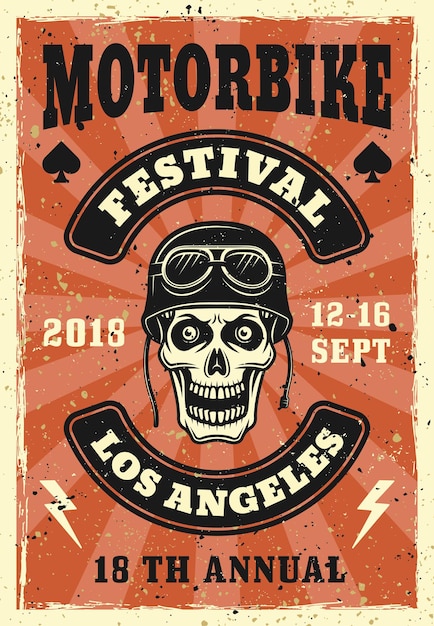 Vektor motorrad festival poster mit totenkopf im bikerhelm