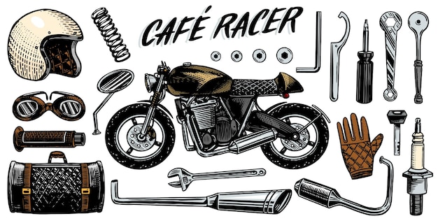 Vektor motorrad-reparatur-set mit werkzeugen für den cafe racer, fahrrad-handschuhe, helm, instrumente für motorräder, reparatur und renovierung von fahrzeugen, handgezeichnete, gravierte monochrome skizze für etiketten oder poster