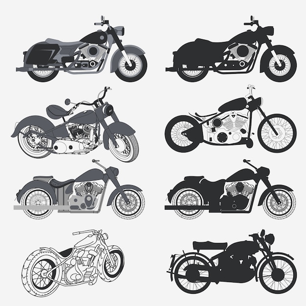 Motorrad set, chopper motorrad silhouette sammlung. kundenspezifisches moto-konzept.