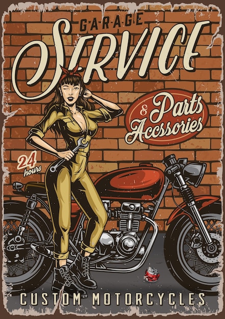 Motorradgarage-Reparaturdienst Vintage-Poster