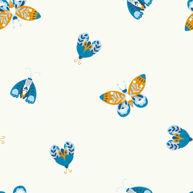 Mottennahtloses muster ein schmetterling, dekoriert mit einer sammlung von blumen handgezeichnete doodle-illustration im einfachen skandinavischen stil pastellpalettenvektor auf weißem hintergrund