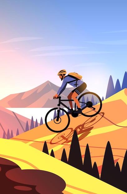 Mountainbike-Abenteuer Radfahrer fährt bergab lebendige Landschaft Natur Outdoor-Aktivität landschaftliche Hintergrundvorlage