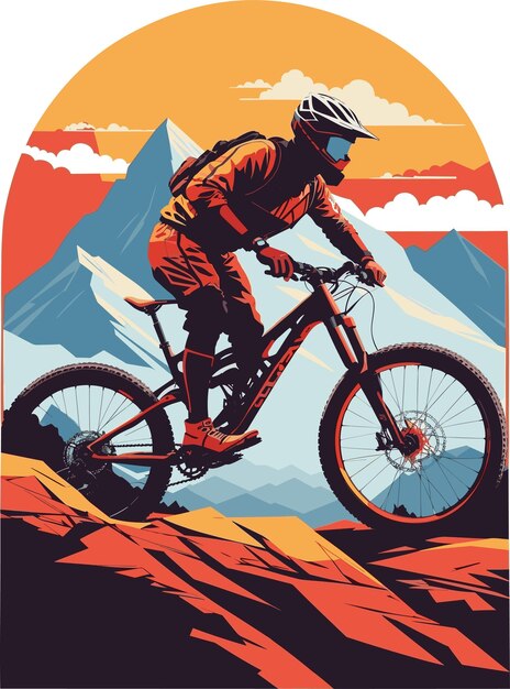 Mountainbike-Abfahrt flache Farbvektor-Illustration professionelles T-Shirt-Druck-Logo