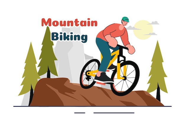 Mountainbike-Vektorillustration mit Radfahrern, die für sportliche Freizeit und einen gesunden Lebensstil in einem flachen Hintergrund die Berge hinunterfahren