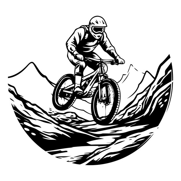 Vektor mountainbiker fahren durch die berge vektorillustration im retrostil