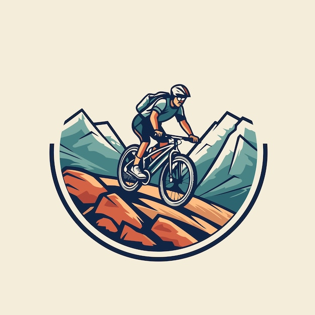 Mountainbiker mit helm fährt auf einer felsigen straße vektorillustration