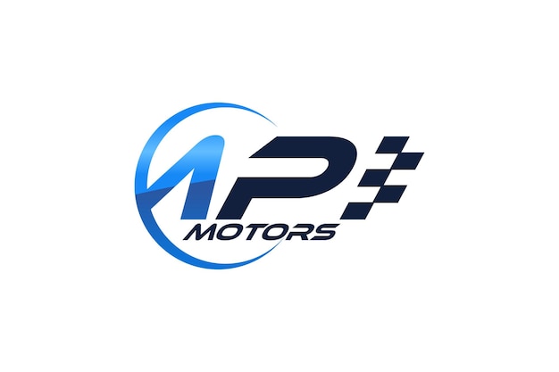 Mp motorsport anfangslogo design rennwagen werkstatt symbol symbol mit karierter flagge illust