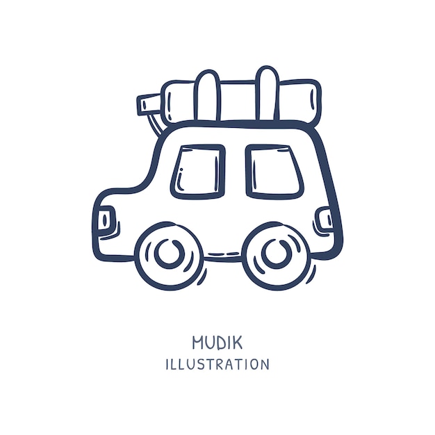 Mudik mit auto indonesische tradition kultur doodle handgezeichnete symbol logo linie handgezeichnete illustration