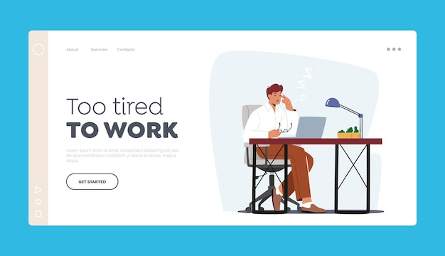 Müde Arbeiter Charakter Burnout Landing Page Template Müdigkeit Müdigkeit und Depression Überlastung Schläfriger Geschäftsmann