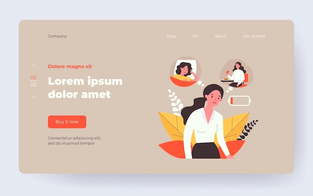 Müde Frau, die sich auf niedrigem Liegeniveau fühlt. Ohne Batterie, schlechtes Essen und Schlafen flache Vektorgrafiken. Burnout, ungesunder Lebensstil, Müdigkeitskonzept für Banner, Website-Design oder Landing-Webseite