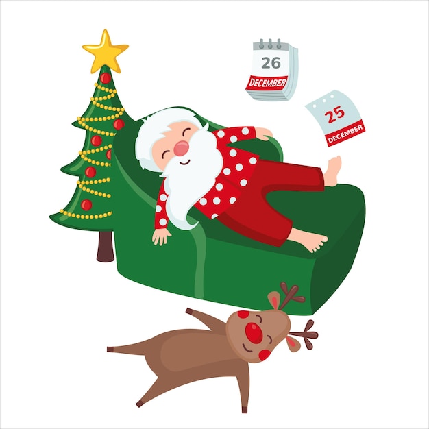 Müder Weihnachtsmann und Rotwild, die auf dem Stuhl lokalisiert auf weißem Hintergrund schlafen