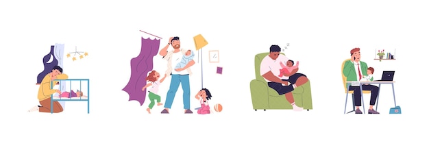 Müdiger Vater, einzelner Vater, müde Vater, frustriert, müde Mann mit Kleinkind zu Hause, Wiege, verärgert, schläfriger Elternteil, weinendes Baby, Kolik, Erziehung, Familienproblem, klassische Vektorillustration