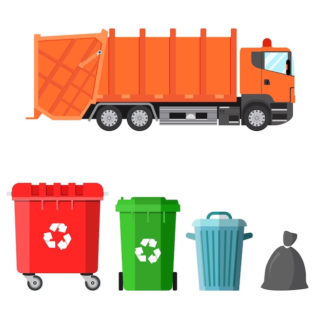 Müllwagen und vier varianten von müllcontainern