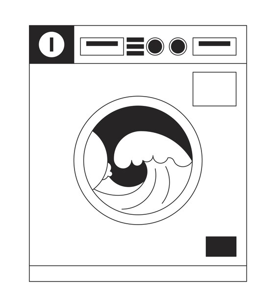 Vektor münzbetriebene waschmaschine mit ozeanwellen-linienkunst-vektor-cartoon-symbol