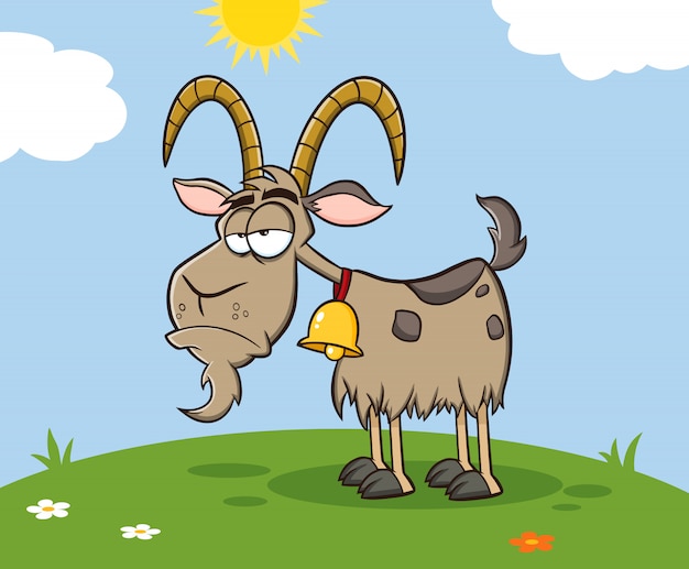 Mürrische ziege cartoon maskottchen charakter auf einer wiese. illustration