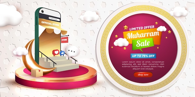 Muharram-verkaufsbanner mit 3d-online-shop-shop und podest-werbeprodukt