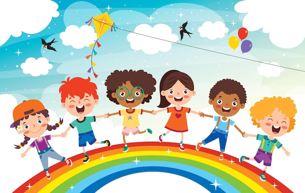 Multiethnische kinder, die auf regenbogen spielen