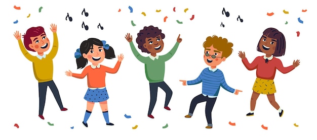 Multikulturelle kinder cartoon illustration von glücklichen tanzenden kindern