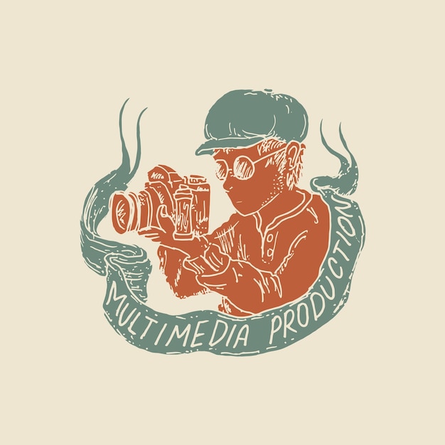 Multimedia-logo-vorlage für fotografen handgezeichnete vektor-vintage-illustration