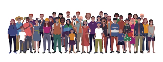 Multinationale Gruppe von Menschen auf weißem Hintergrund. Kinder, Erwachsene und Jugendliche stehen zusammen. Illustration