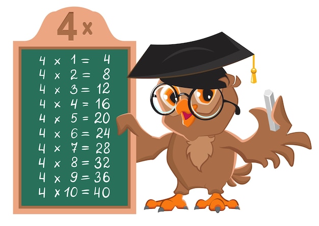 Multiplikationstabelle für mathematikstunden mit 4 zahlen. eulenvogellehrer an der tafel zeigt multiplikationstabelle.