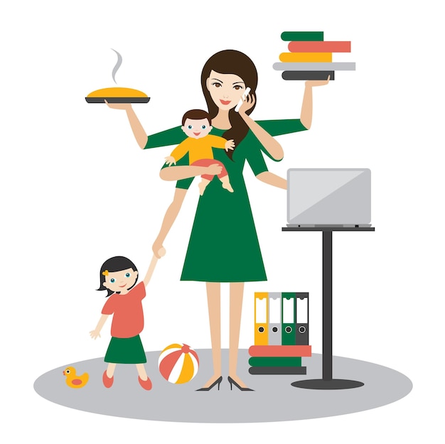Vektor multitasking-frau muttergeschäftsfrau mit älterem kind des babys, das kochend und anrufend arbeitet