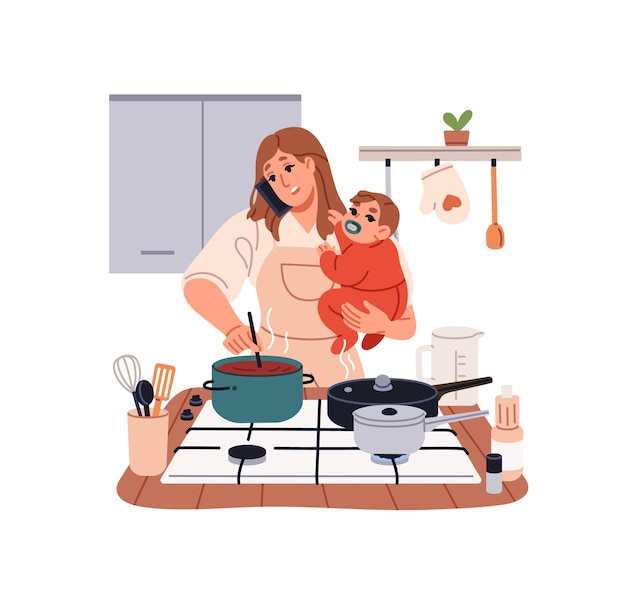Multitasking Mutter kocht Essen hält Baby in den Händen und spricht am Telefon Mutter mit Kind Kochen Mahlzeit auf Gasöfen tut Hausarbeit in der Küche flache isolierte Vektor-Illustration auf weißem Hintergrund
