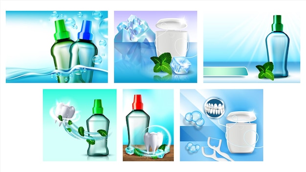 Mundwasser und zahnseide poster set vector. zahnseide und mundspülung leerer behälter, kräuterminzblätter und eiswürfel auf kreativen marketingbannern. oral protect farbkonzept layout illustrationen